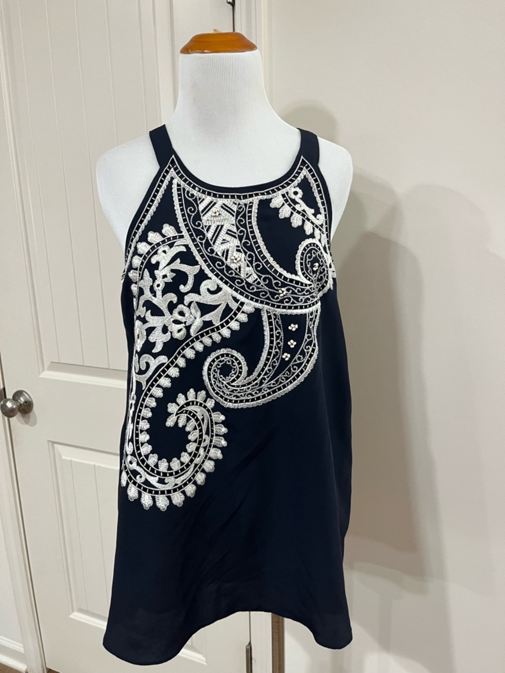 Adrianna Papell Navy Top with Cream Embroidered Detail